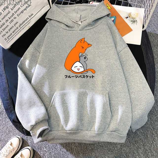 grey color hoodie with cartoon cat looking at a mouse with the message of love and warmth