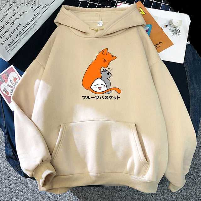 beige color hoodie made from cotton with a cute and warmth design of cat and a mouse