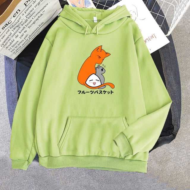green color hoodie in japanese style made for cat lover with a picture of cat cuddling with mouse that looks adorable