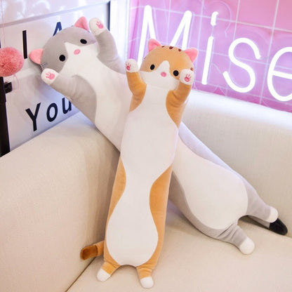 this is a long cat plushie of an orange and grey cat