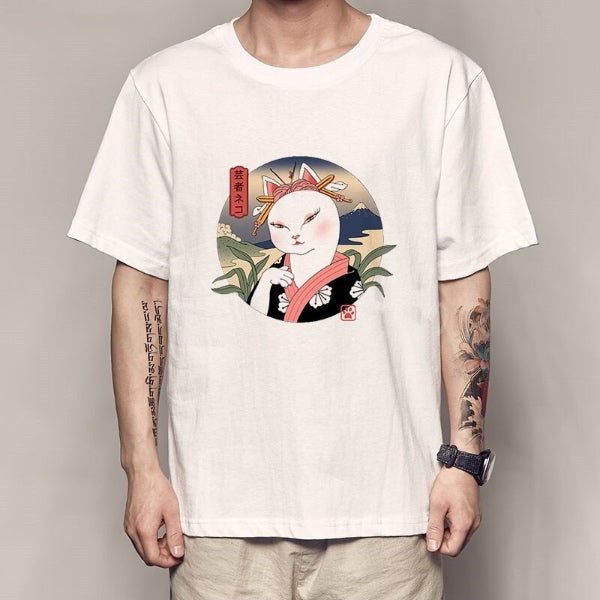 white chic cat geisha t shirt in white color