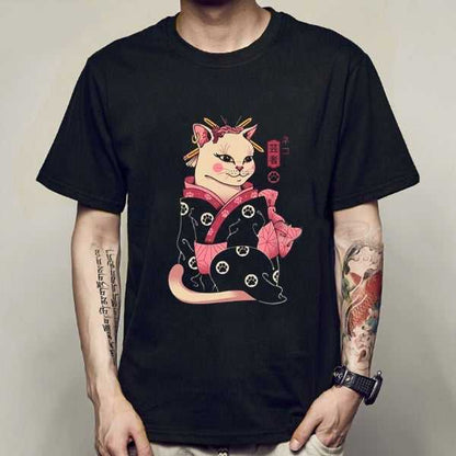 A man wearing a Sweet black Kawaii Geisha Ronin Cat T-shirt featuring a cat in a kimono to embrace japanese culture