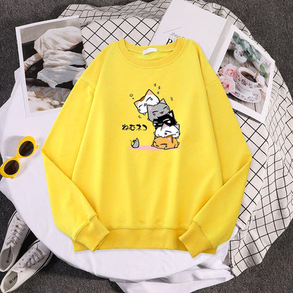 yellow color kawaii cat themed sweatshirt designed for cat mom showing three adorable cats and a mouse