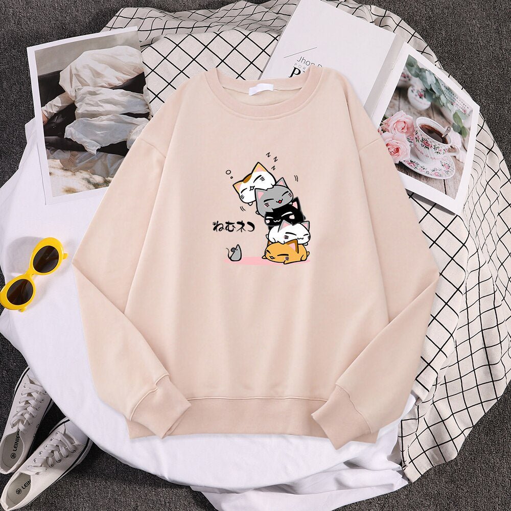 kawaii beige color cat sweatshirt with cute cate printing