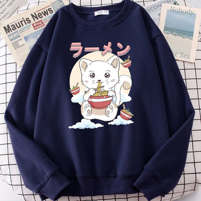 a navy blue sweatshirt with cat eating ramen