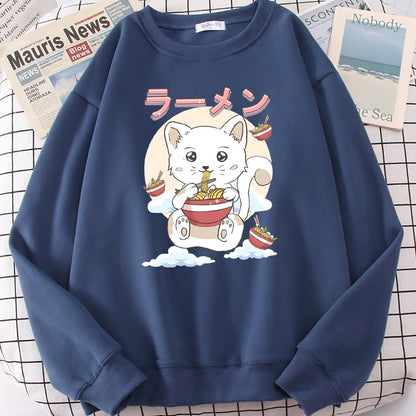 a blue color cute cat sweatshirt with a picture of cat eating ramen