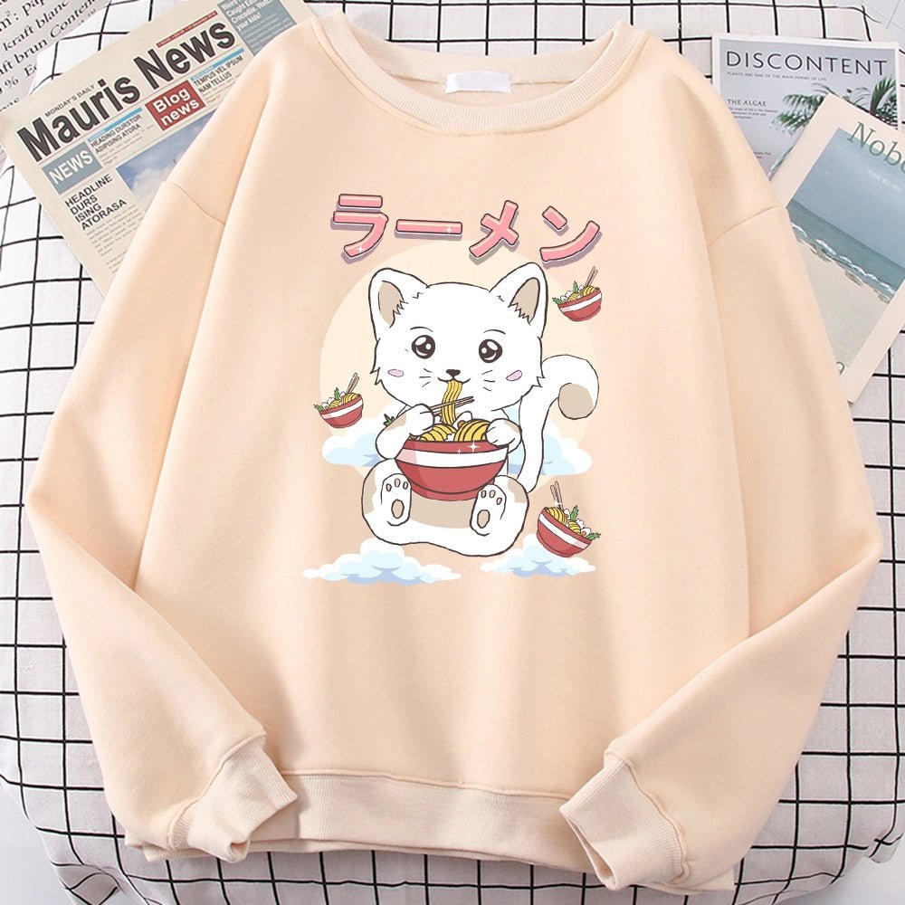 a beige color funny cat sweatshirts with a picture of cat eating ramen