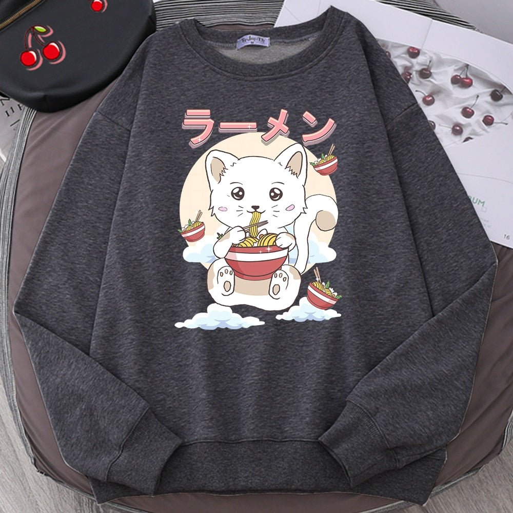 a dark grey cat lover sweatshirt with a picture of cat eating ramen
