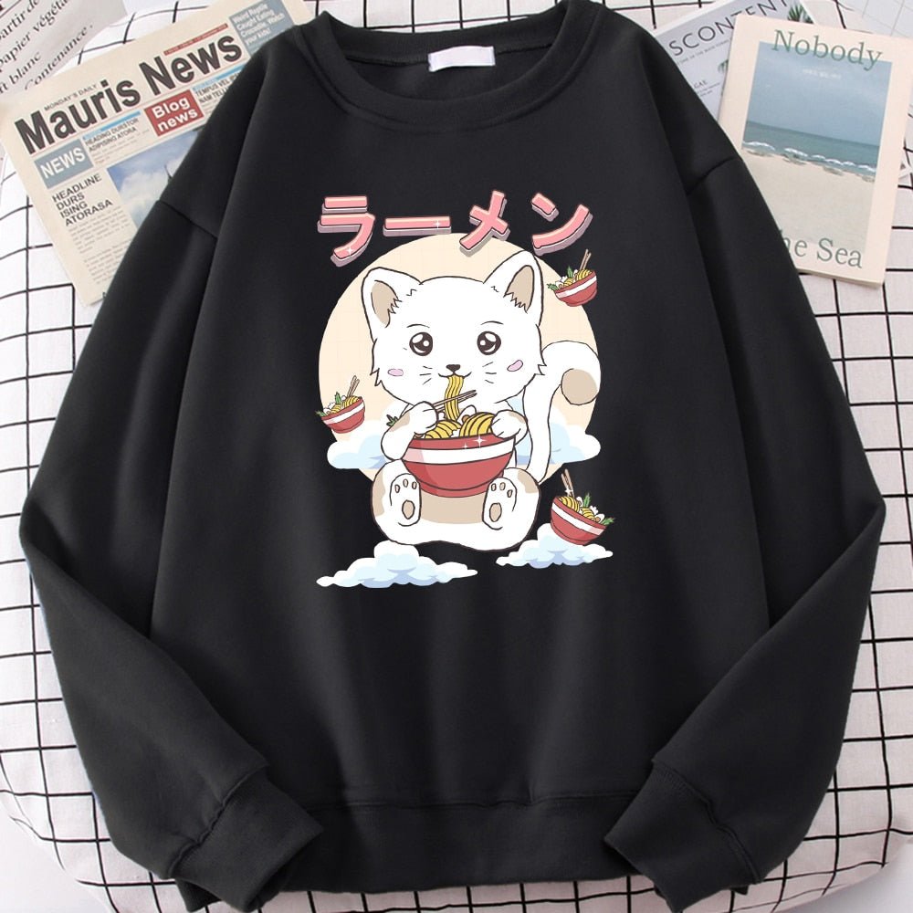 a black color cute cat sweaters with a picture of cat eating ramen