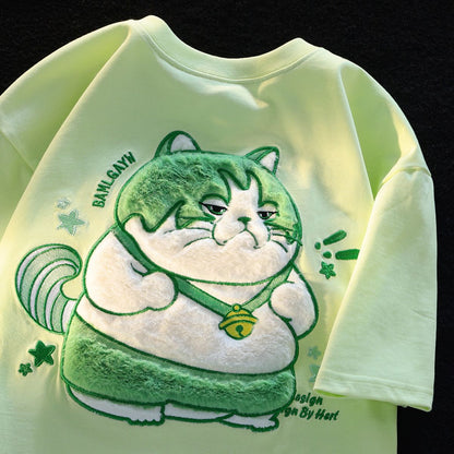 Kawaii Unisex Fat Cat T-Shirt With Fluffy Cat Pattern