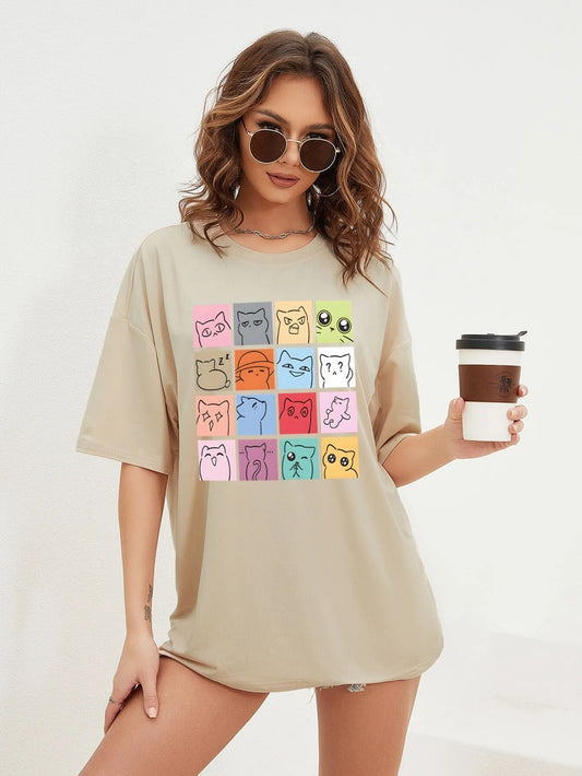 Full view of khaki cat t-shirt with colorful cartoon memes for ladies