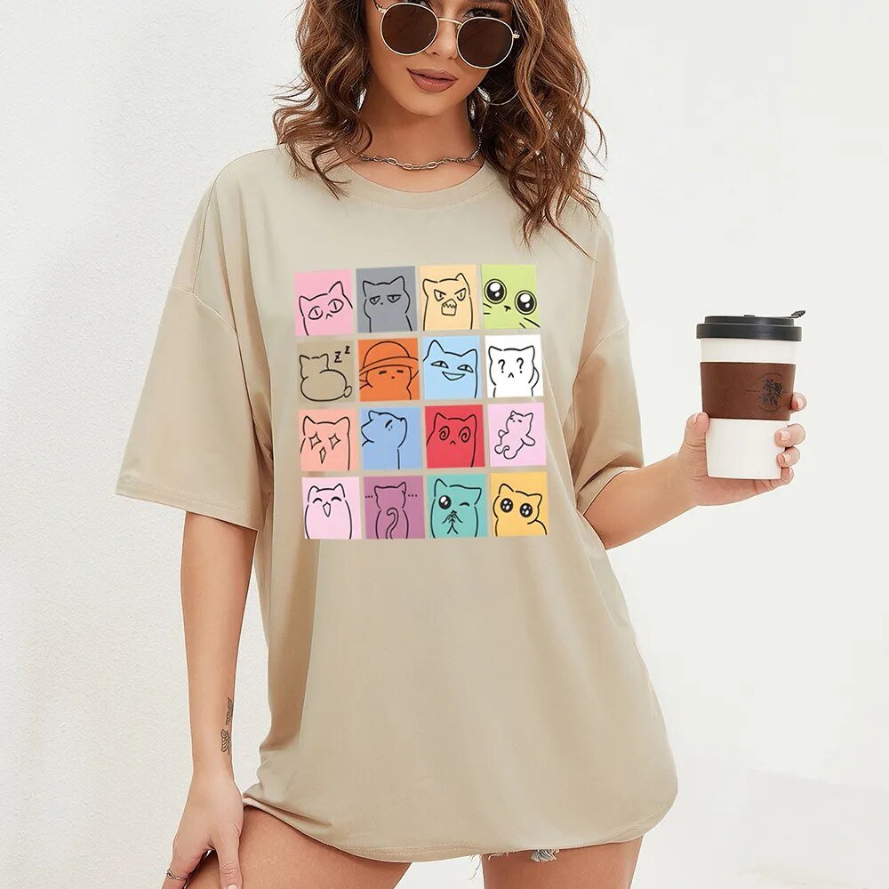 woman wearing the khaki cat meme t-shirt, with funny cartoon cat memes design
