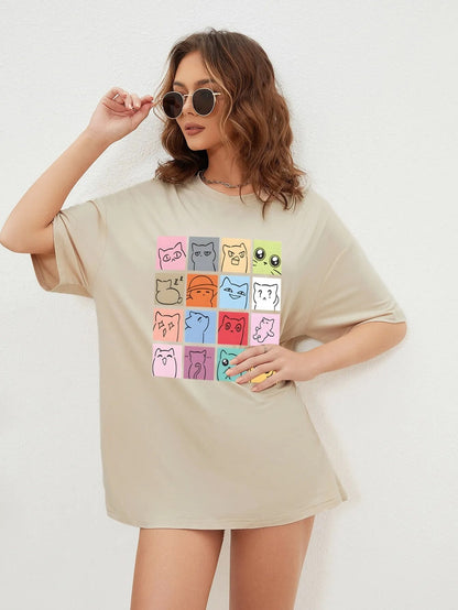 Khaki Color Cat T-shirt For Ladies With Colorful Funny Cat Memes