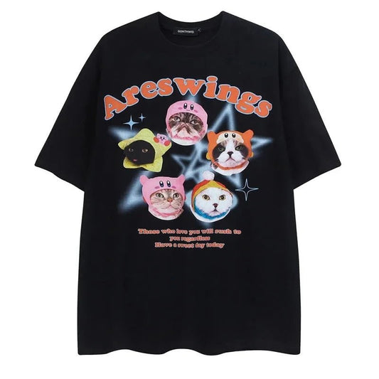 Five cats wearing Kirby-themed caps on the t-shirt