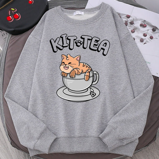 a grey color cat sweaters for humans with cat in a tea pot design