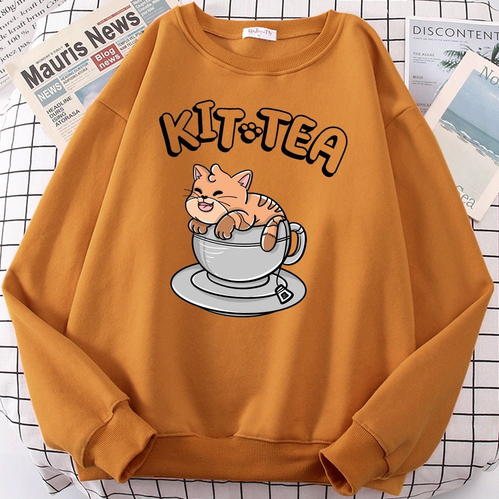 a brown color cat lover sweatshirt with cat in a tea pot design