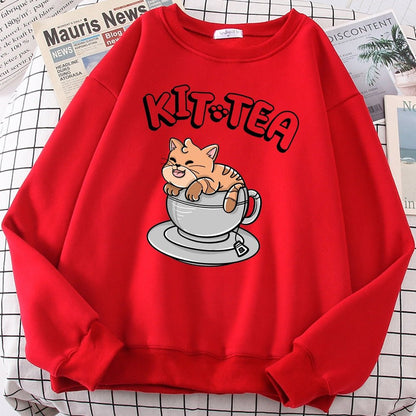 a red color cat themed sweatshirt with cat in a tea pot design