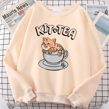 a beige color cat print sweatshirt with cat in a tea pot design