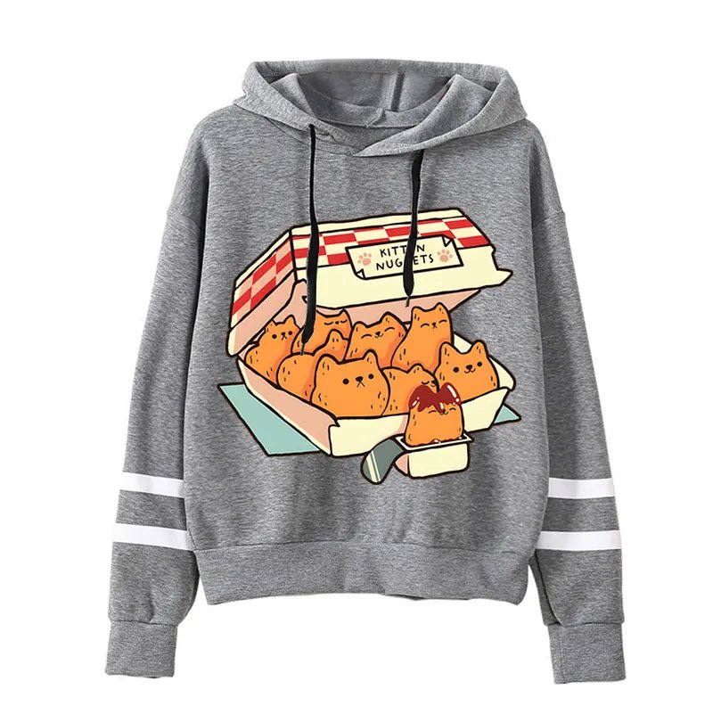 Stylish hoodie featuring adorable kitten-shaped nuggets