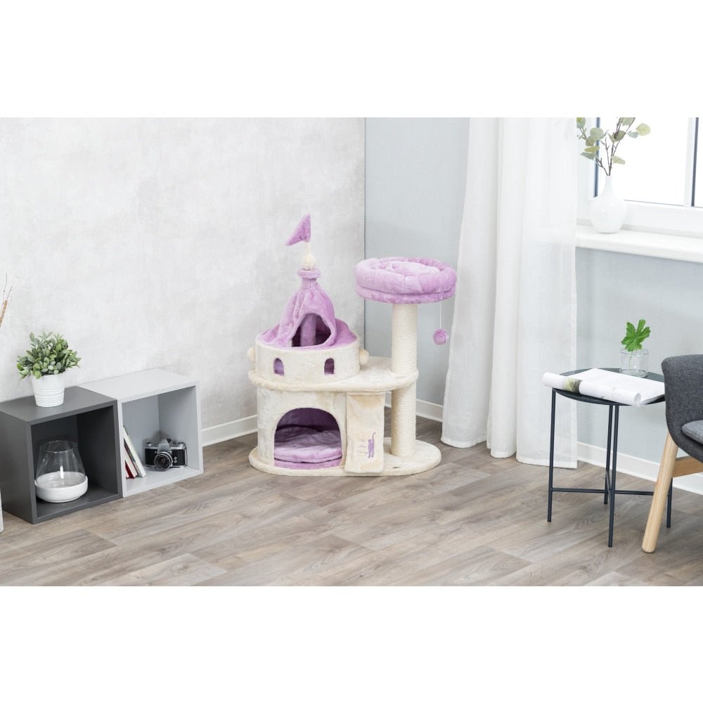 a pink and white cat tree with castle design