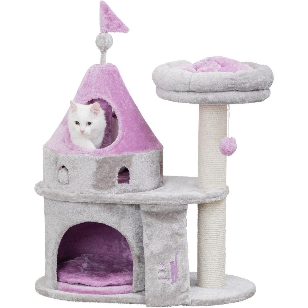 a cat chilling in a pink cat tree like a princess