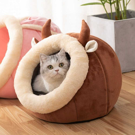 cute monster style cat bed with enclosed space in brown color