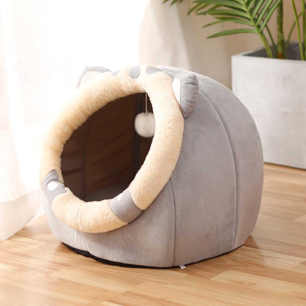 grey color bedding in a cave style for cats to sleep in
