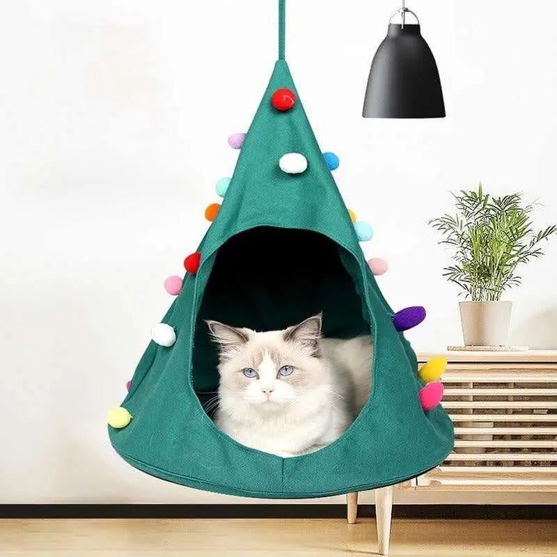christmas style cat bed with hammock made from durable material that looks festive
