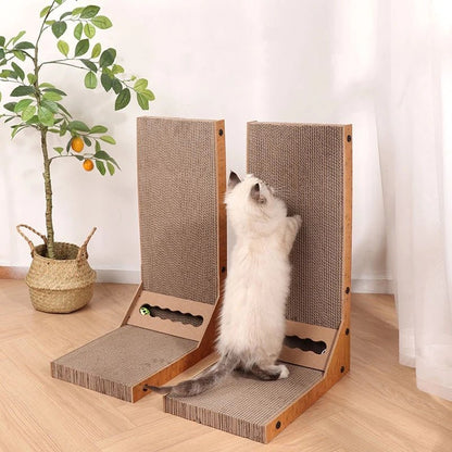 l shape scratching board for cat with rolling ball inside