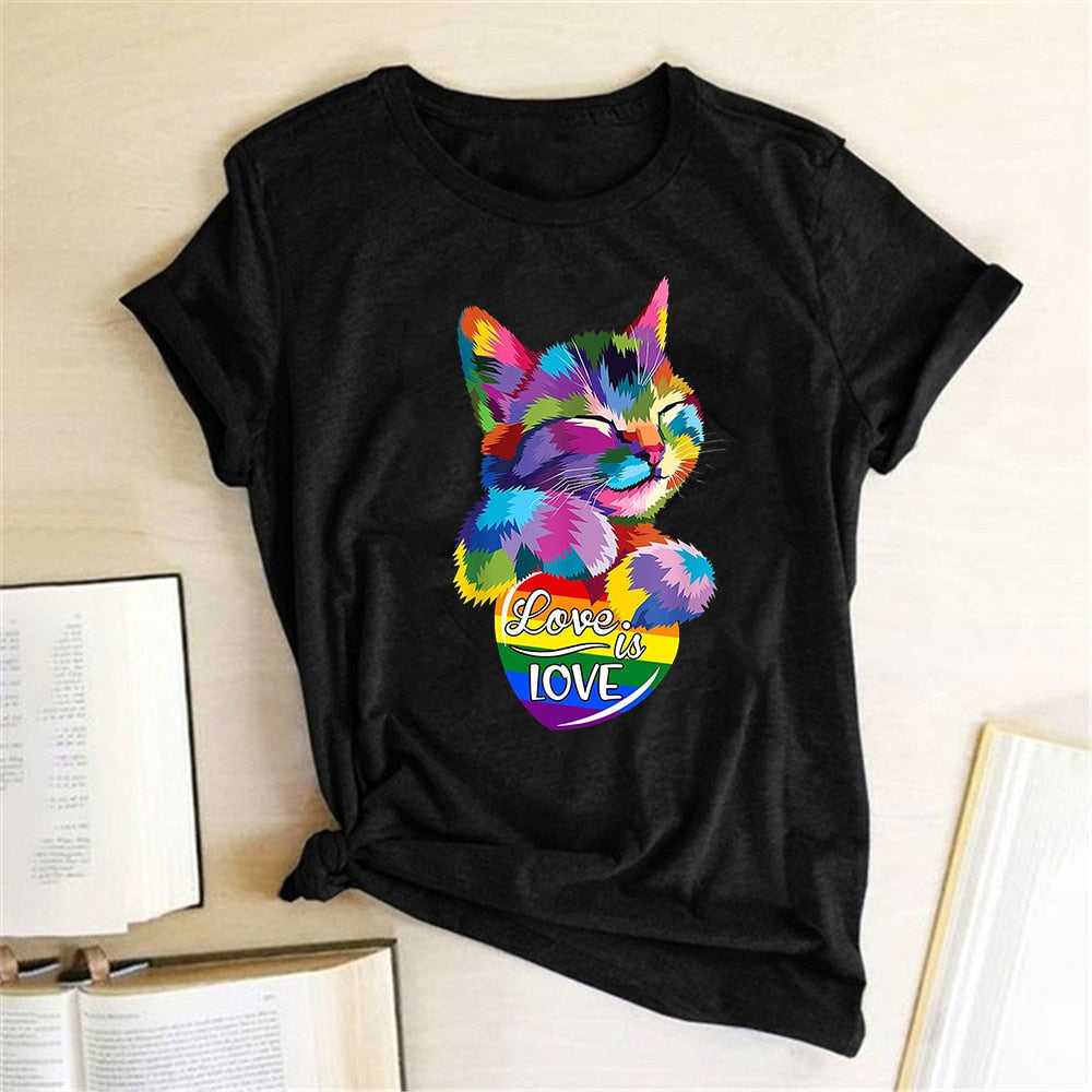 love is love words vibrant color rainbow themed cat t-shirt that support  vibrant unity