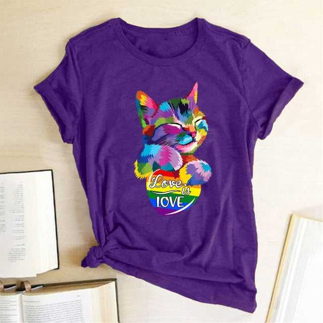purple rainbow themed cotton t-shirt with cat print that showing support to lgbt community