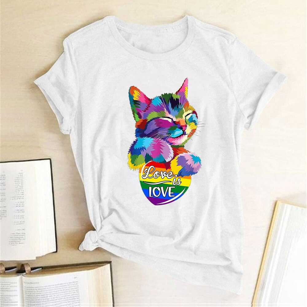 white color cotton cat t-shirt in rainbow color print that support universal acceptance