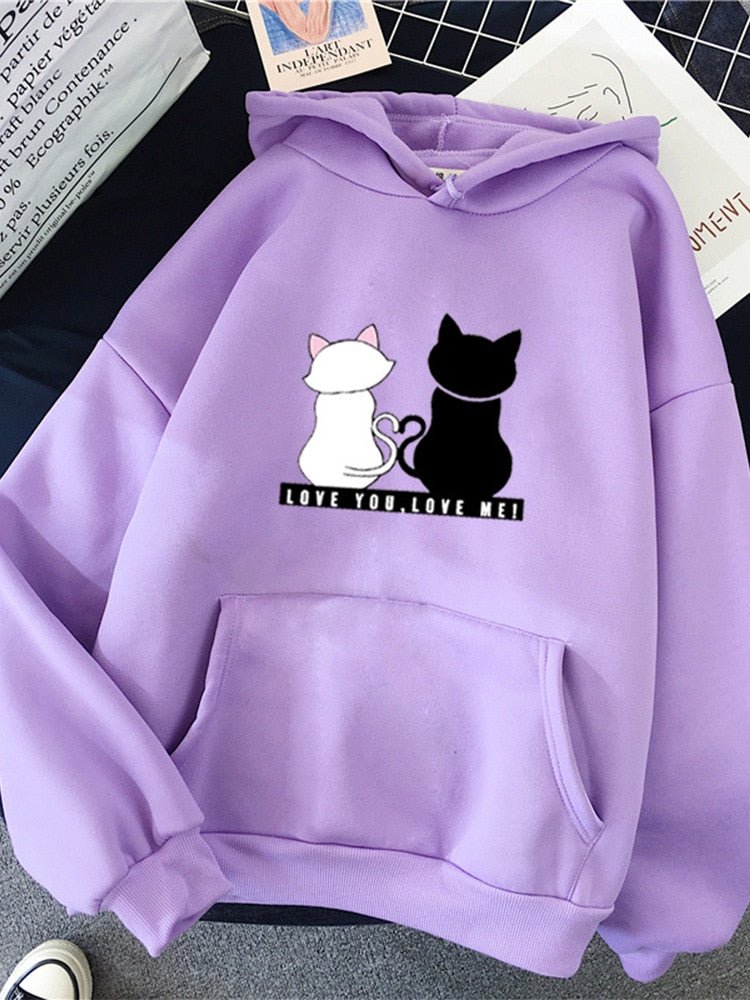 purple color hoodie with a cute picture of two cats sitting next to each other