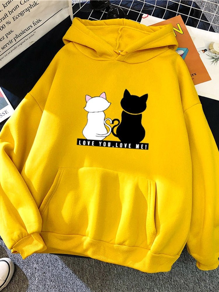 yellow color hoodie with warmth message of cats in love made for couple