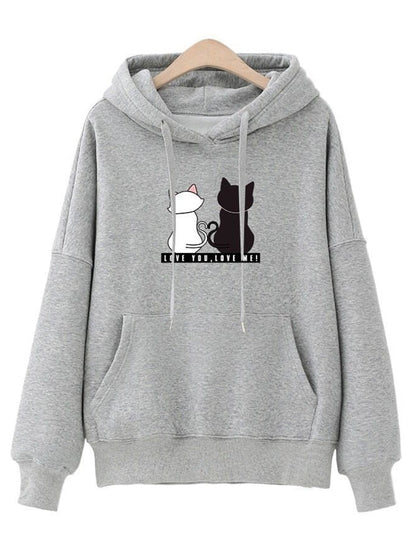 grey color hoodie made for couple with a printed black and white cats that looks adorable