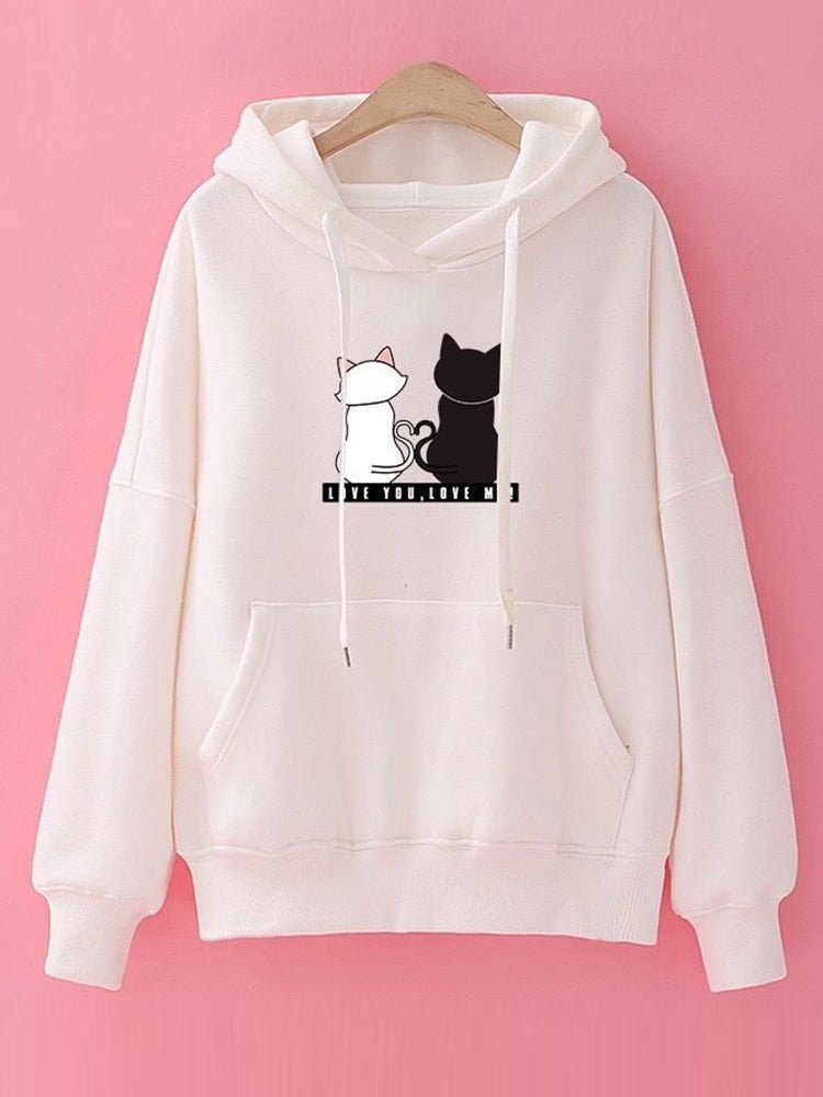 white color womens cat hoodie featuring two cats falling in love
