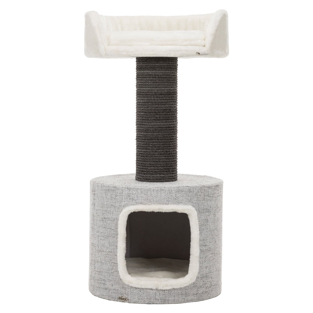 a modern look cat tree with scratcher and enclosed space that looks simplified and sophisticated
