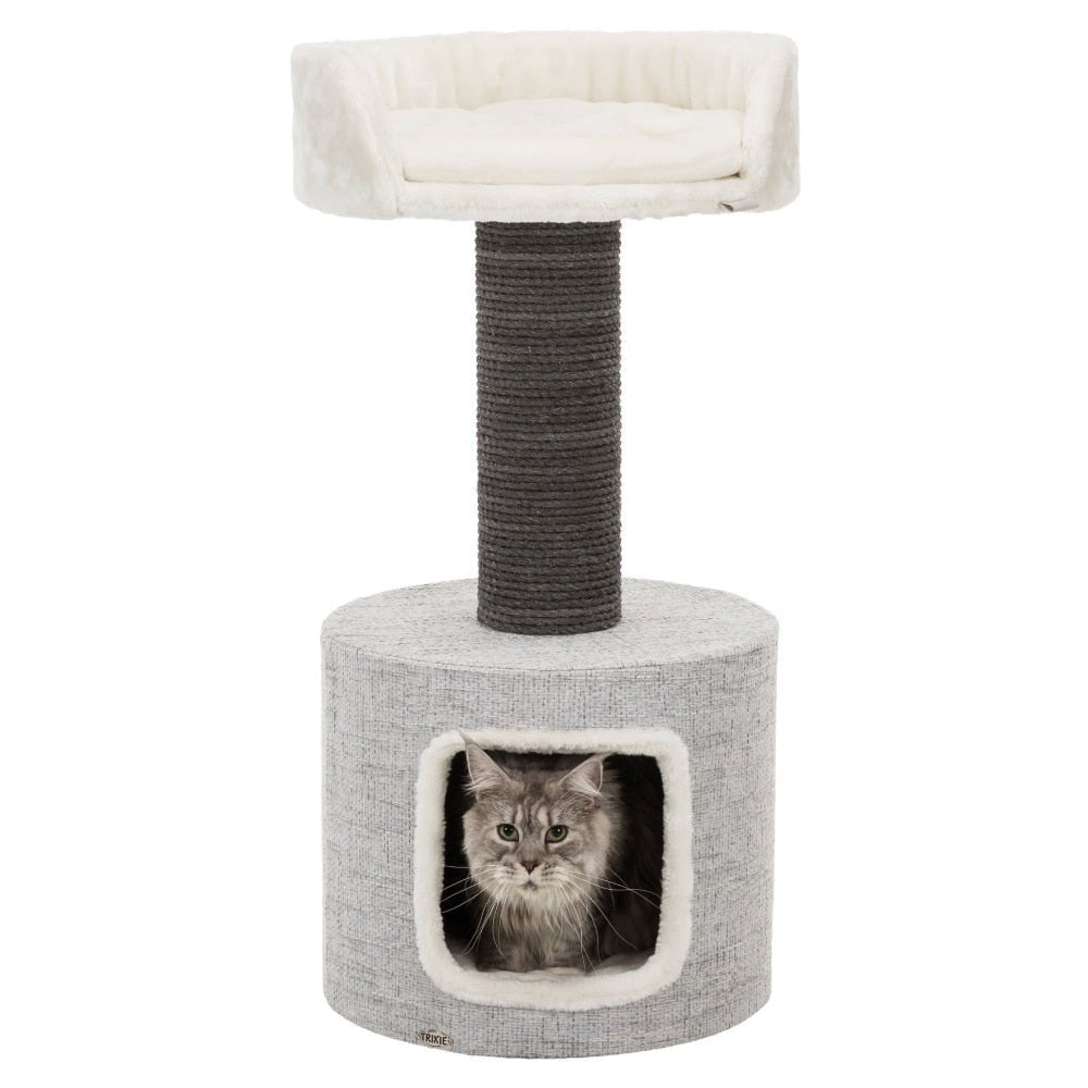 a cat hiding in a scandinavian cat tree with platform and enclosed space