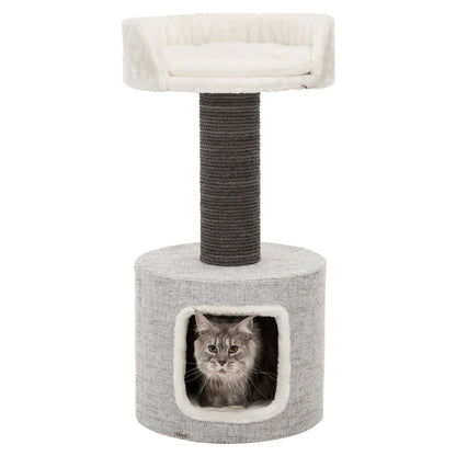 a cat hiding in a scandinavian cat tree with platform and enclosed space