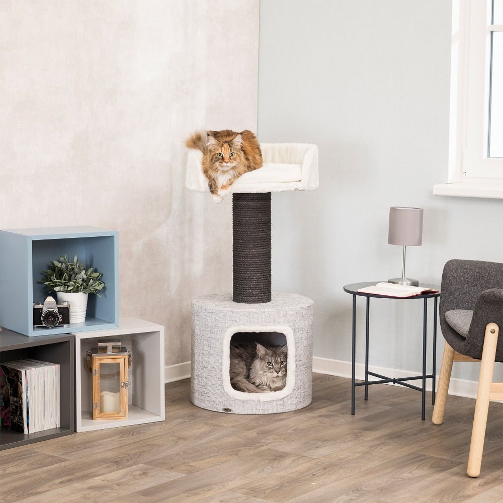 a modern cat tree tower with an enclosed space