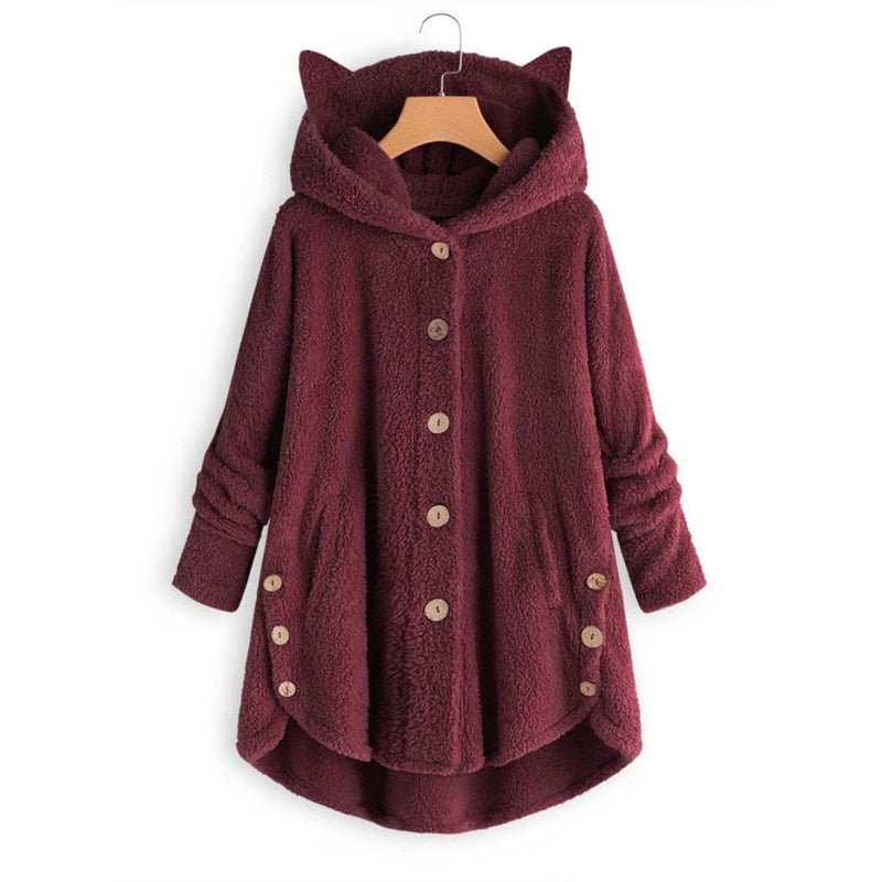 wine red color warm cat hoodie with ear made for cat mom for a stylish look while staying warm