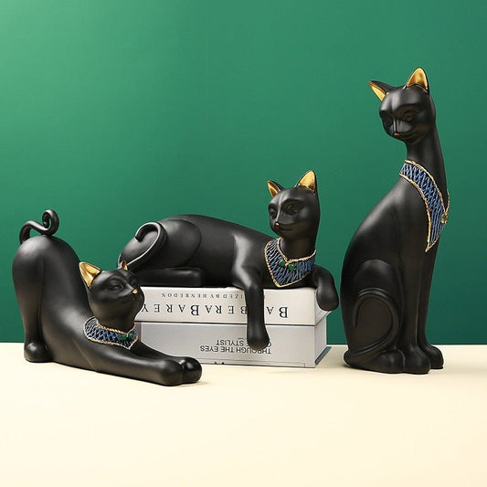 a unique ancient cat statue with neck accessories in various poses