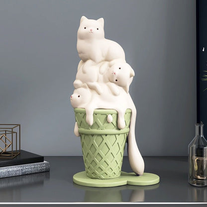 a creative cat figure, featuring melting ice cream cat on a green ice cream cone for home decor