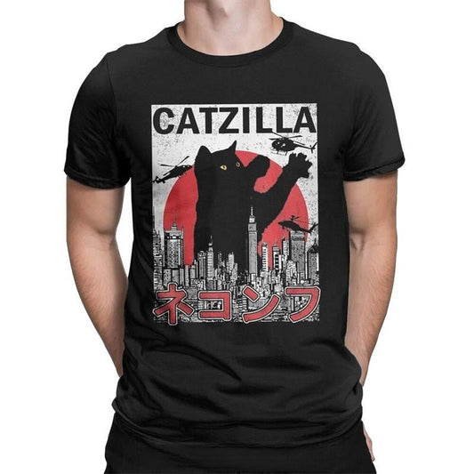 a men wearing a black color Catzilla T Shirt featuring a cartoon black cat looks like a gozilla destroying the city with japanese words