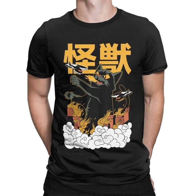 mens t-shirt printed with a huge black cat-zilla destroying the city and looks so hilarious with Japanese character - monster