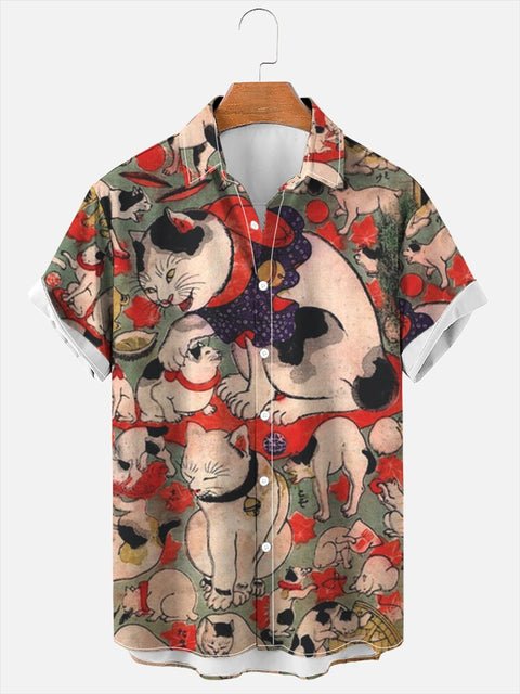 a japanese themed button up hawaiian shirt featuring a lot of cats and one really big fierce cat