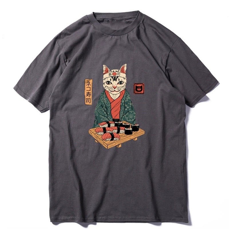 a dark gray color mens cat shirt featuring a cat sushi master with a plate of sushi