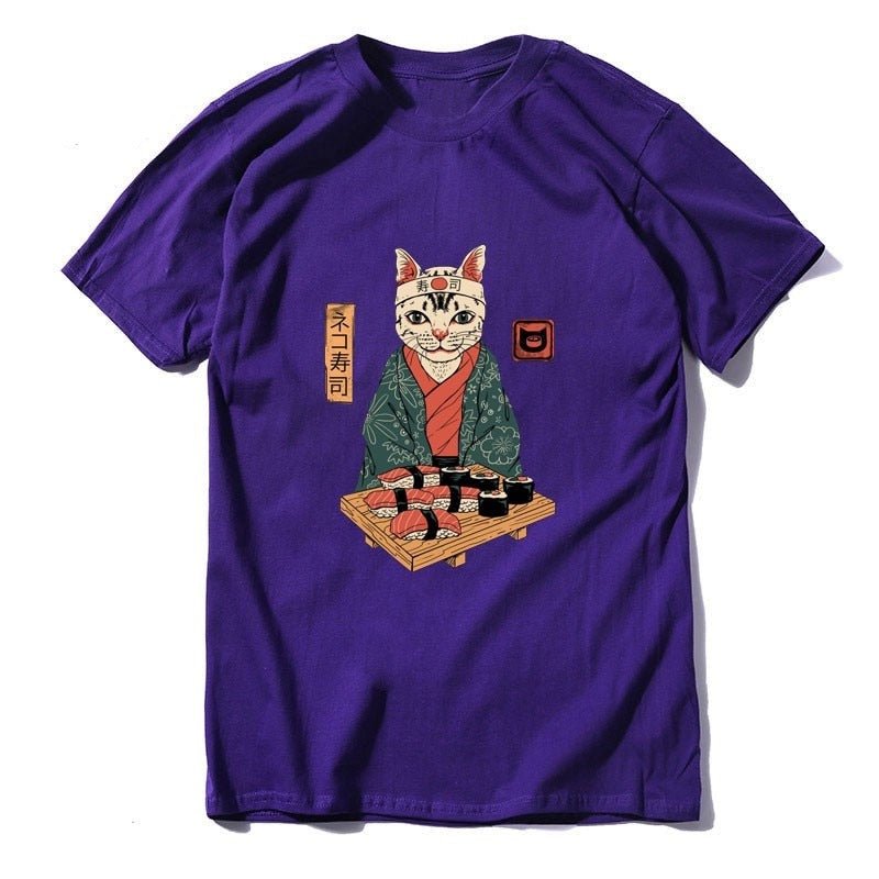 a purple color mens cat shirt featuring a cat sushi master with a plate of sushi