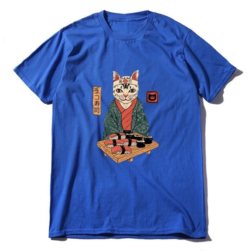a blue color mens cat shirt featuring a cat sushi master with a plate of sushi