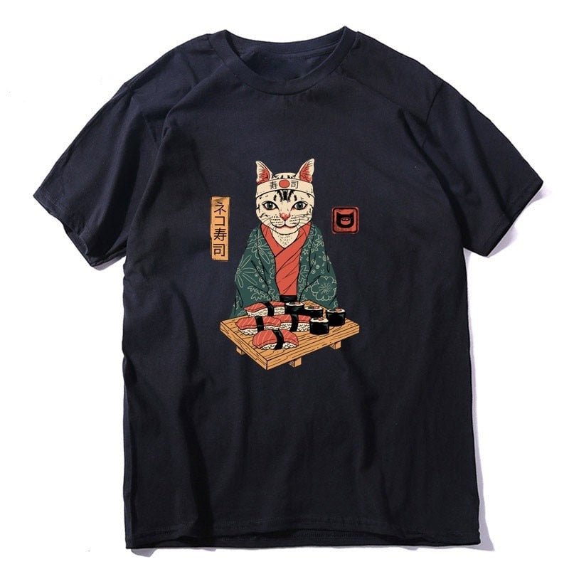 a black color mens cat shirt featuring a cat sushi master with a plate of sushi